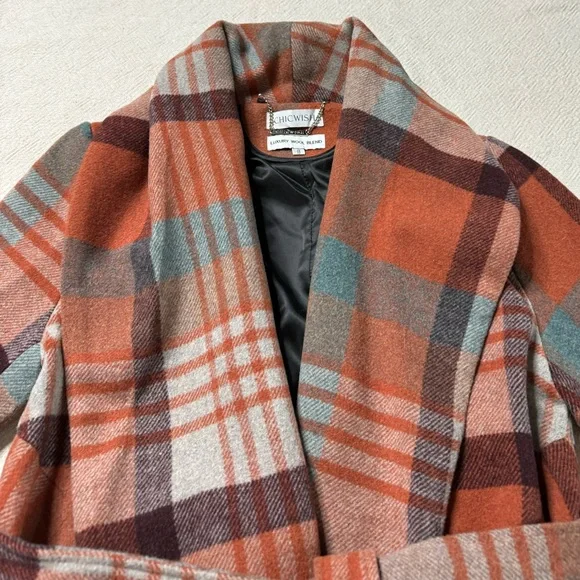 Chicwish Wool Blend Orange Teal Brown Plaid Wrap Coat S - Picture 6 of 8
